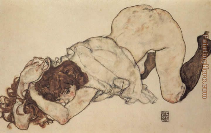 Egon Schiele Kneeling girl on both elbows supported